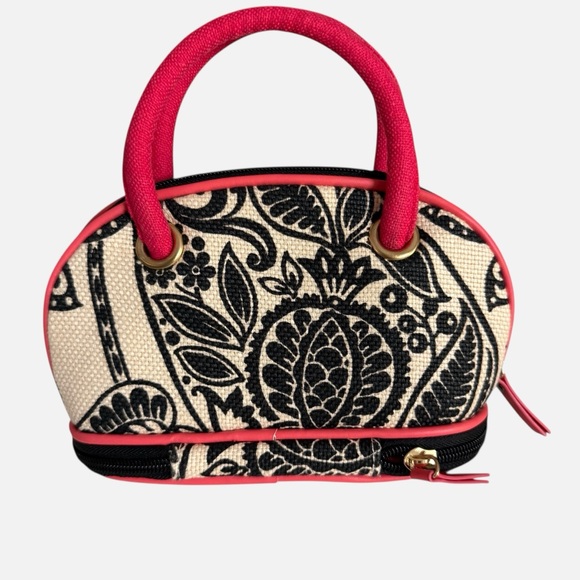 Spartina 449 Daufuskie Island Cosmetic Case Natural Black Pink Leather Trim New - Picture 2 of 10